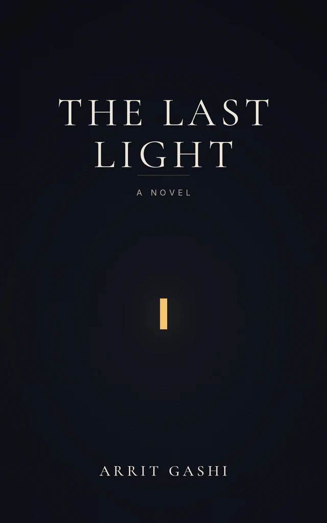 The cover of The Last Light: the title in white serif capitals on a near-black ground, A Novel beneath it, a single amber bar of light at the centre, and the name Arrit Gashi at the foot.