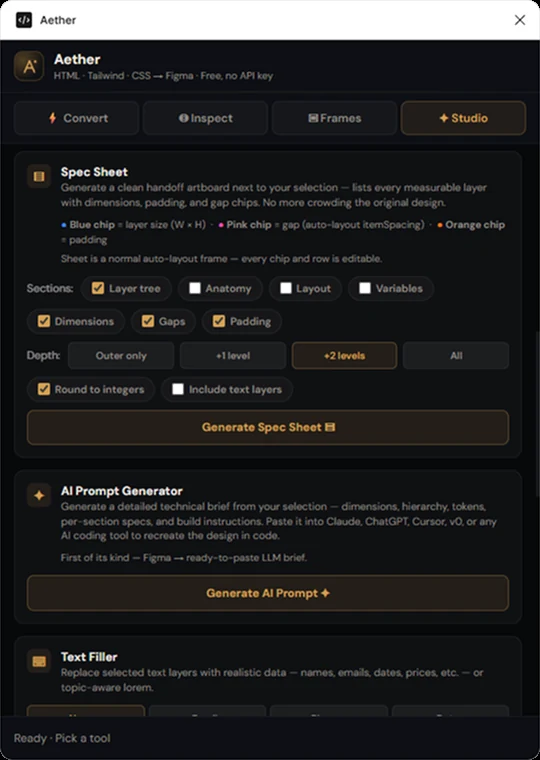The Studio tab: spec sheet controls with a chip legend for size, gap and padding and a depth selector, above an AI Prompt Generator that composes a technical brief from the current selection.