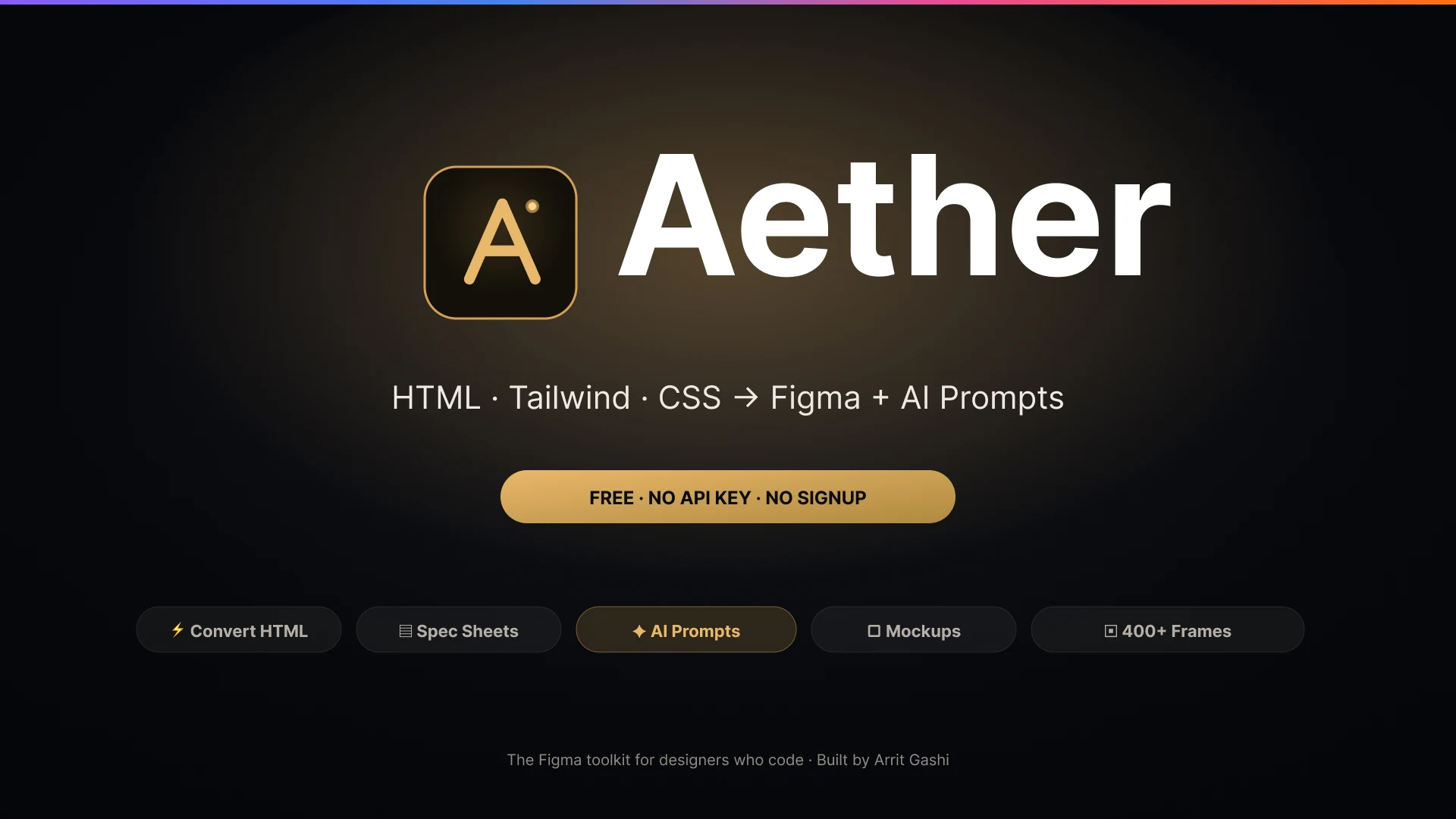 The Aether cover art: the plugin logo and wordmark on a dark background, the line HTML, Tailwind, CSS to Figma plus AI Prompts, a badge reading free, no API key, no signup, and a row of feature chips for Convert HTML, Spec Sheets, AI Prompts, Mockups and 400+ Frames.