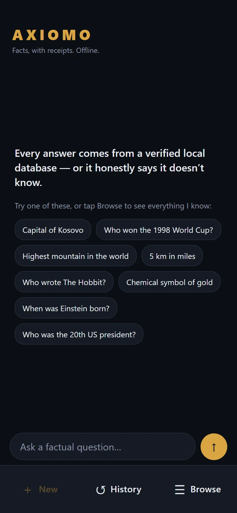 The empty transcript: the AXIOMO wordmark and tagline, the promise Every answer comes from a verified local database — or it honestly says it doesn't know, eight example chips such as Capital of Kosovo, 5 km in miles and Who wrote The Hobbit?, the question input, and a bottom row with New, History and Browse.