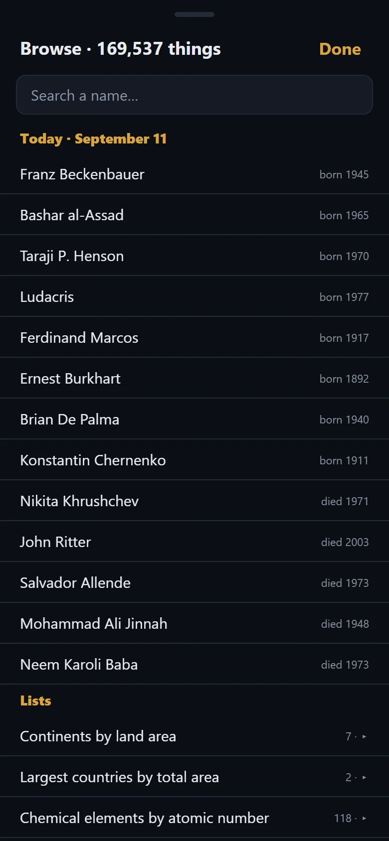 The Browse sheet titled Browse · 169,537 things with a Done button and a Search a name field. Under Today · September 11, people born or died on this date — Franz Beckenbauer born 1945, Bashar al-Assad born 1965, Taraji P. Henson born 1970, down to Neem Karoli Baba died 1973 — then a Lists section beginning Continents by land area, Largest countries by total area and Chemical elements by atomic number.