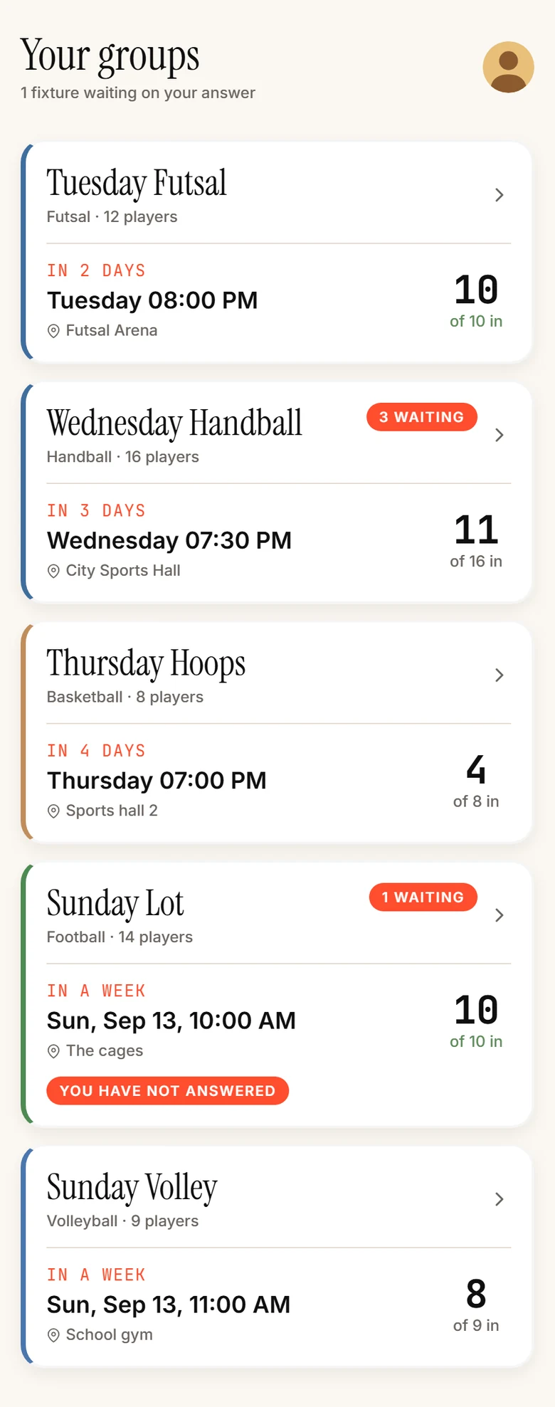 The Your groups screen: five cards for Tuesday Futsal, Wednesday Handball, Thursday Hoops, Sunday Lot and Sunday Volley, each with its next fixture, venue and a count such as 10 of 10 in or 11 of 16 in. Two carry a waiting badge and one reads You have not answered.