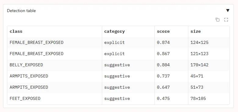The detection table for that blocked image: six rows of class, category, score and pixel size. Two FEMALE_BREAST_EXPOSED rows are categorised explicit at 0.874 and 0.867; BELLY_EXPOSED, two ARMPITS_EXPOSED and FEET_EXPOSED are categorised suggestive, between 0.804 and 0.475.