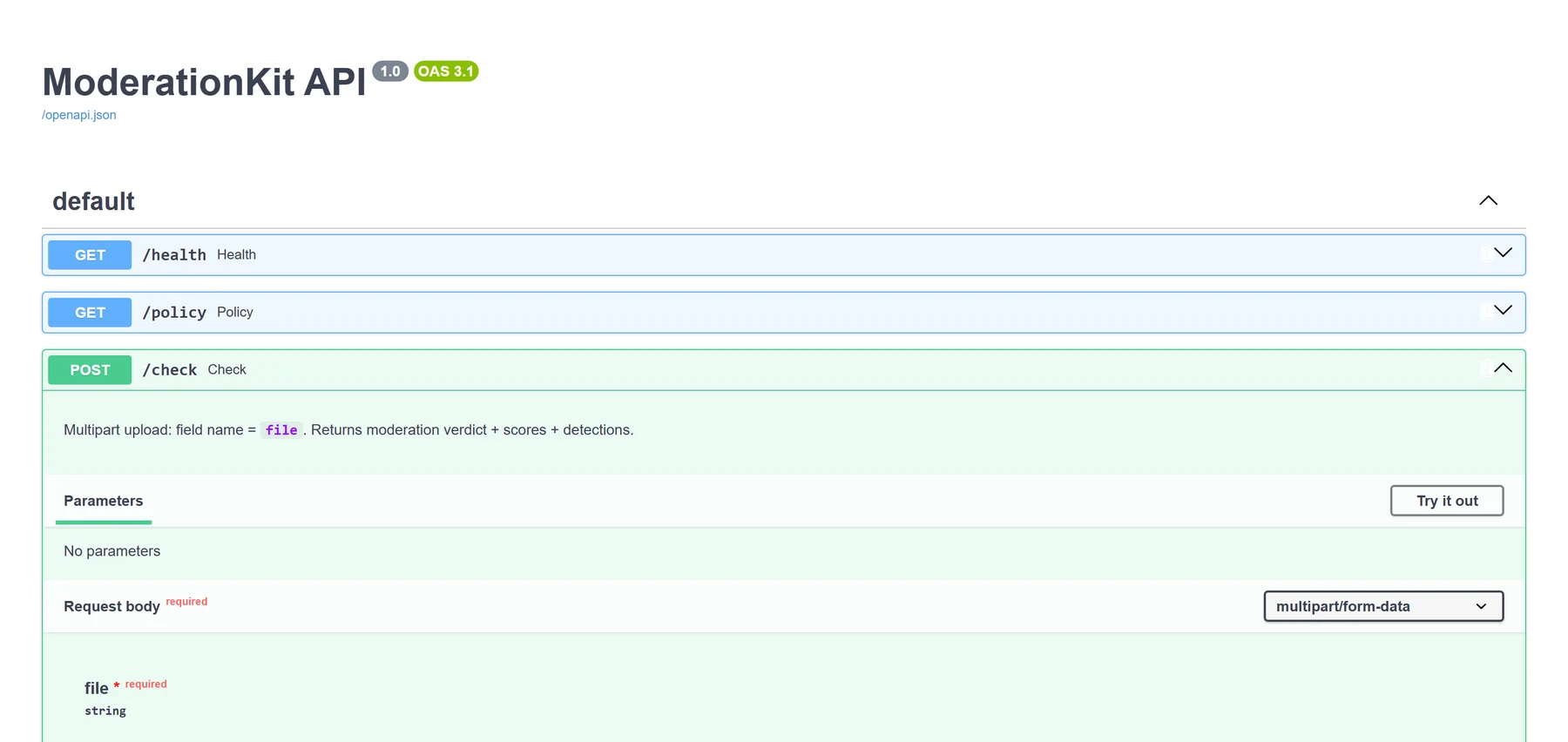 Generated Swagger documentation for the ModerationKit API listing GET /health, GET /policy and POST /check, with /check expanded to show a multipart upload taking a file field and returning a moderation verdict with scores and detections.