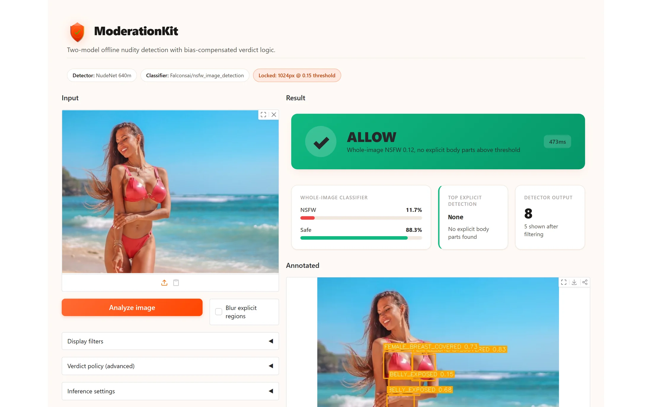 The ModerationKit interface: badges naming the NudeNet 640m detector and the Falconsai classifier, a beach photograph of a woman in swimwear as the input, and a green ALLOW verdict reading whole-image NSFW 0.12 with no explicit body parts above threshold, the classifier at 11.7 percent NSFW against 88.3 percent safe, and 8 detections of which 5 are shown.