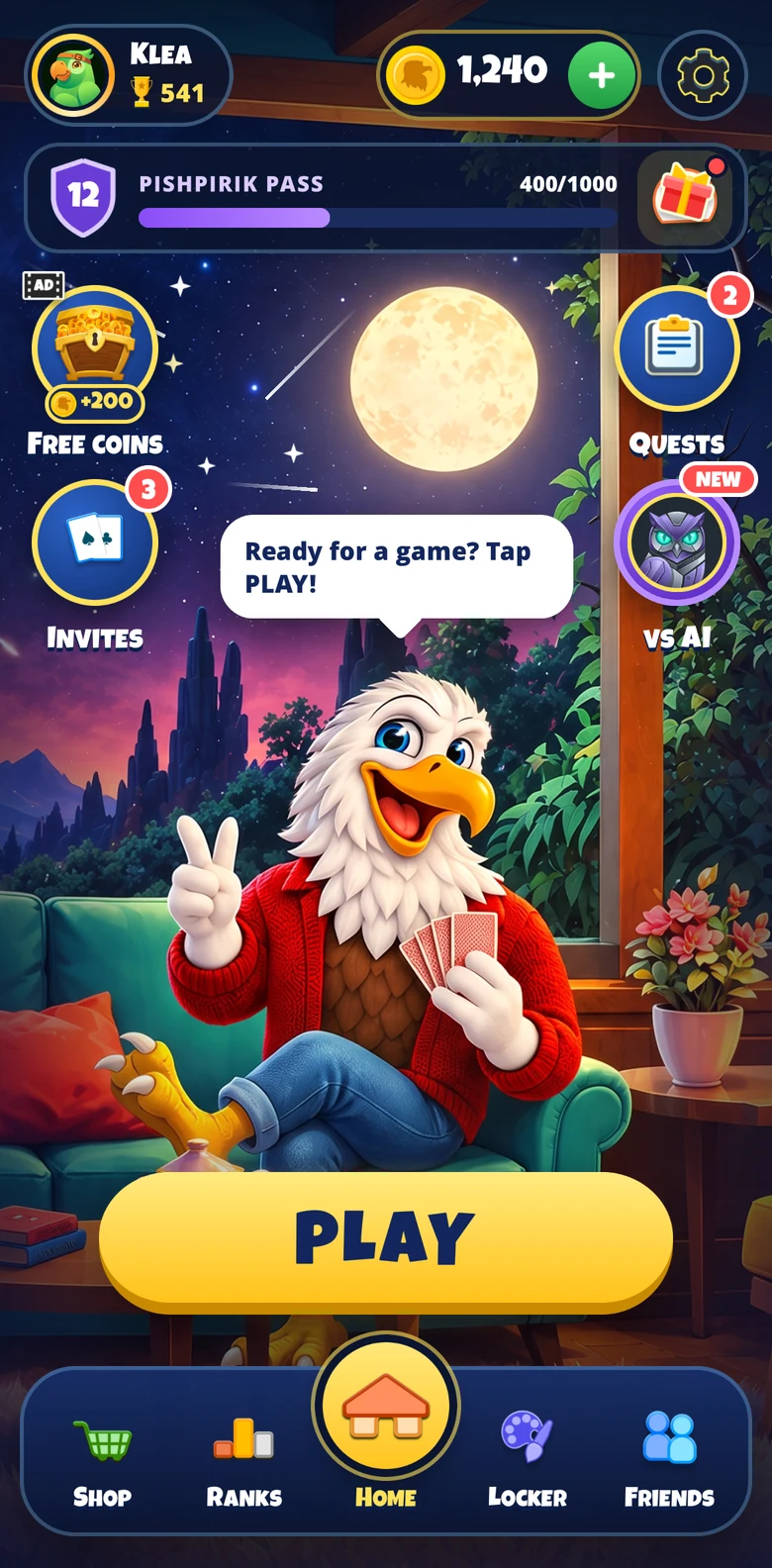 The Home screen: the eagle on a couch holding cards, the coin balance, the Pishpirik Pass bar, Free coins, Invites, Quests and vs AI buttons, and a large Play button above the tab bar.
