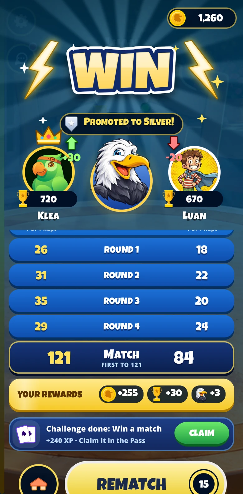 The end screen: a large WIN banner, Promoted to Silver, the two players' photos and ratings, the points round by round, the rewards, and a Rematch button.