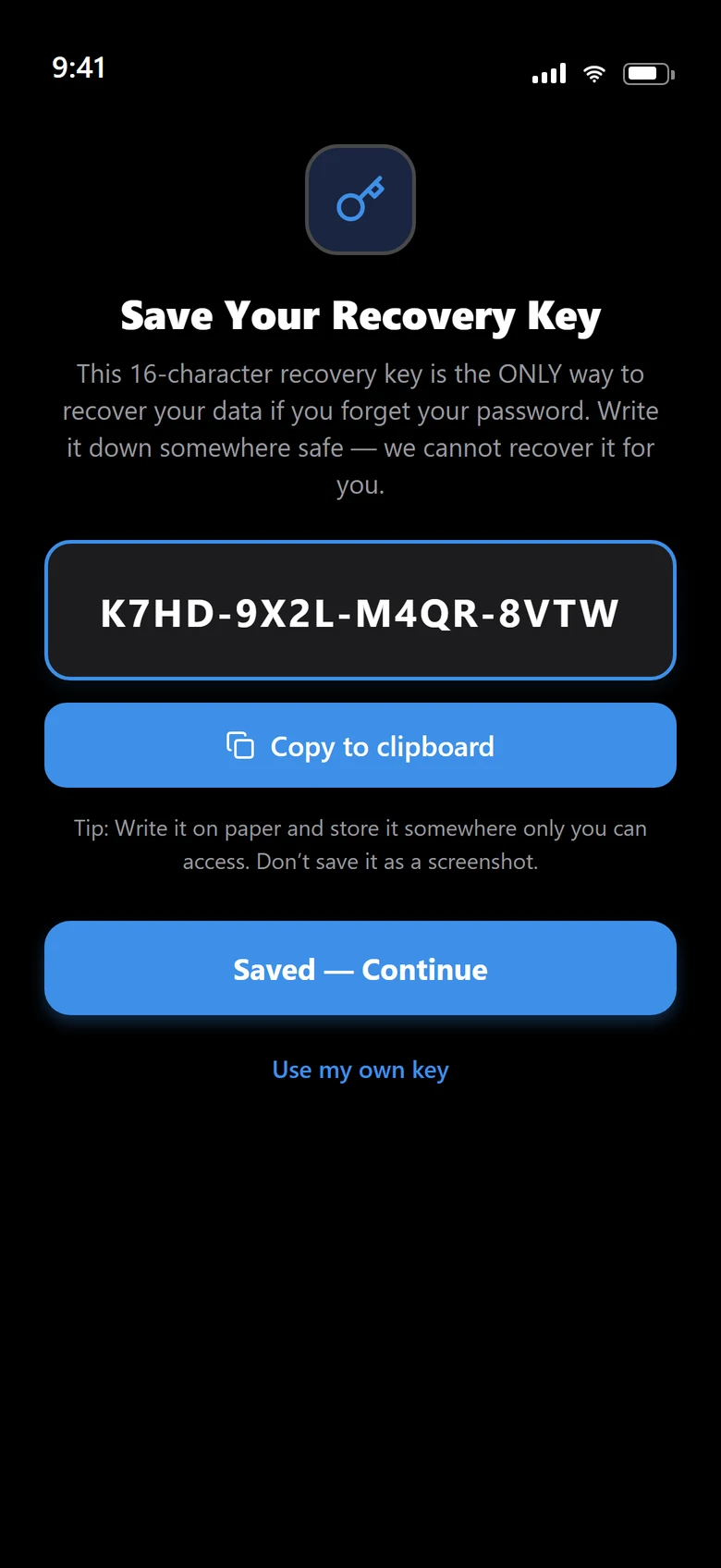 The Save Your Recovery Key screen: a sixteen-character key in a highlighted box, a copy-to-clipboard button, and a warning that it is the only way to recover data if the password is forgotten.