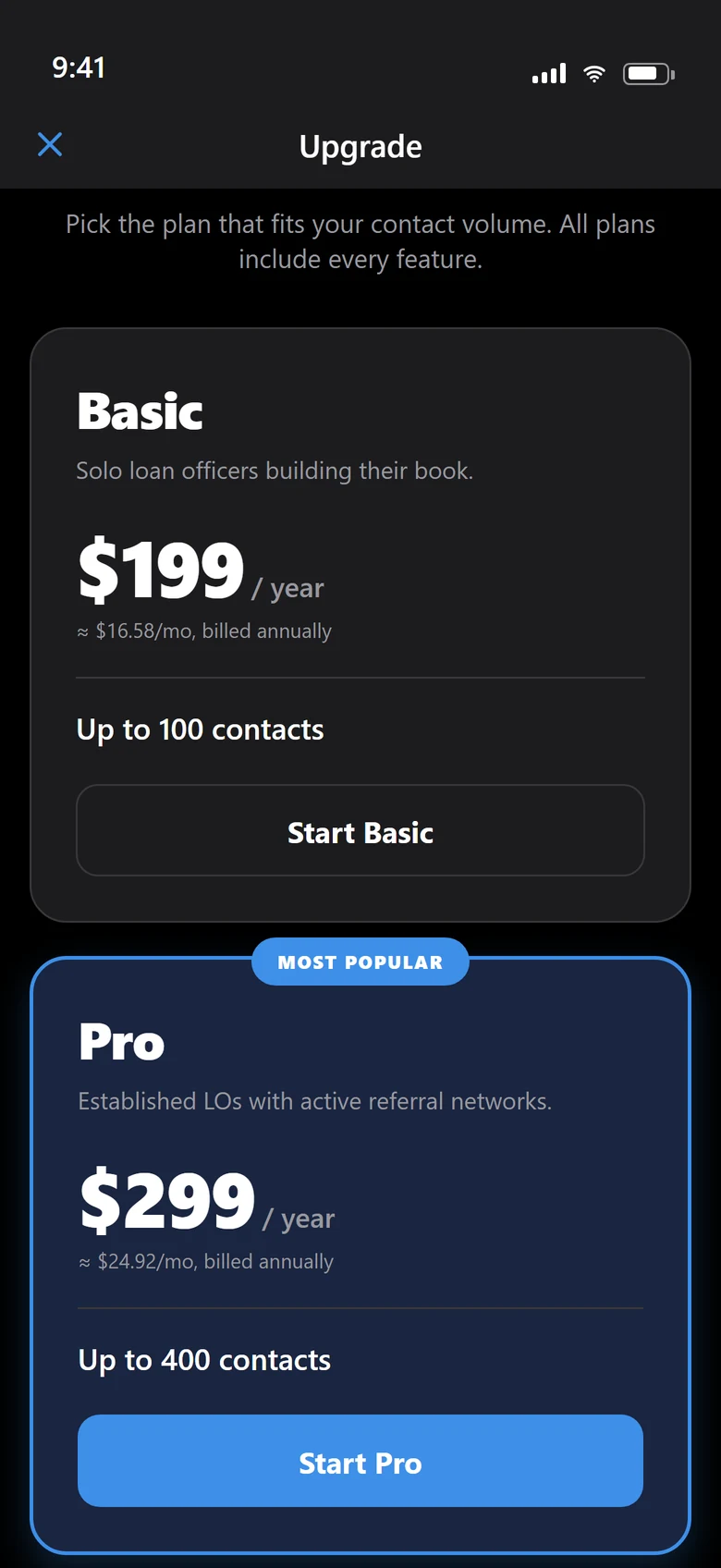 The Upgrade screen: Basic at $199 a year for up to 100 contacts, and Pro, marked most popular, at $299 a year for up to 400.