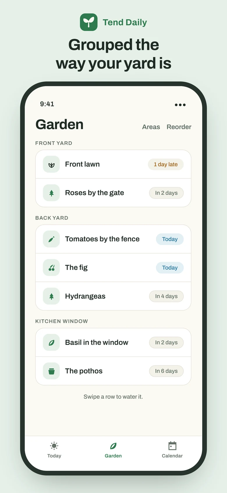 The Garden screen under the headline Grouped the way your yard is: plants listed under Front yard, Back yard and Kitchen window, each with its next watering, from 1 day late to In 6 days, and the hint Swipe a row to water it.